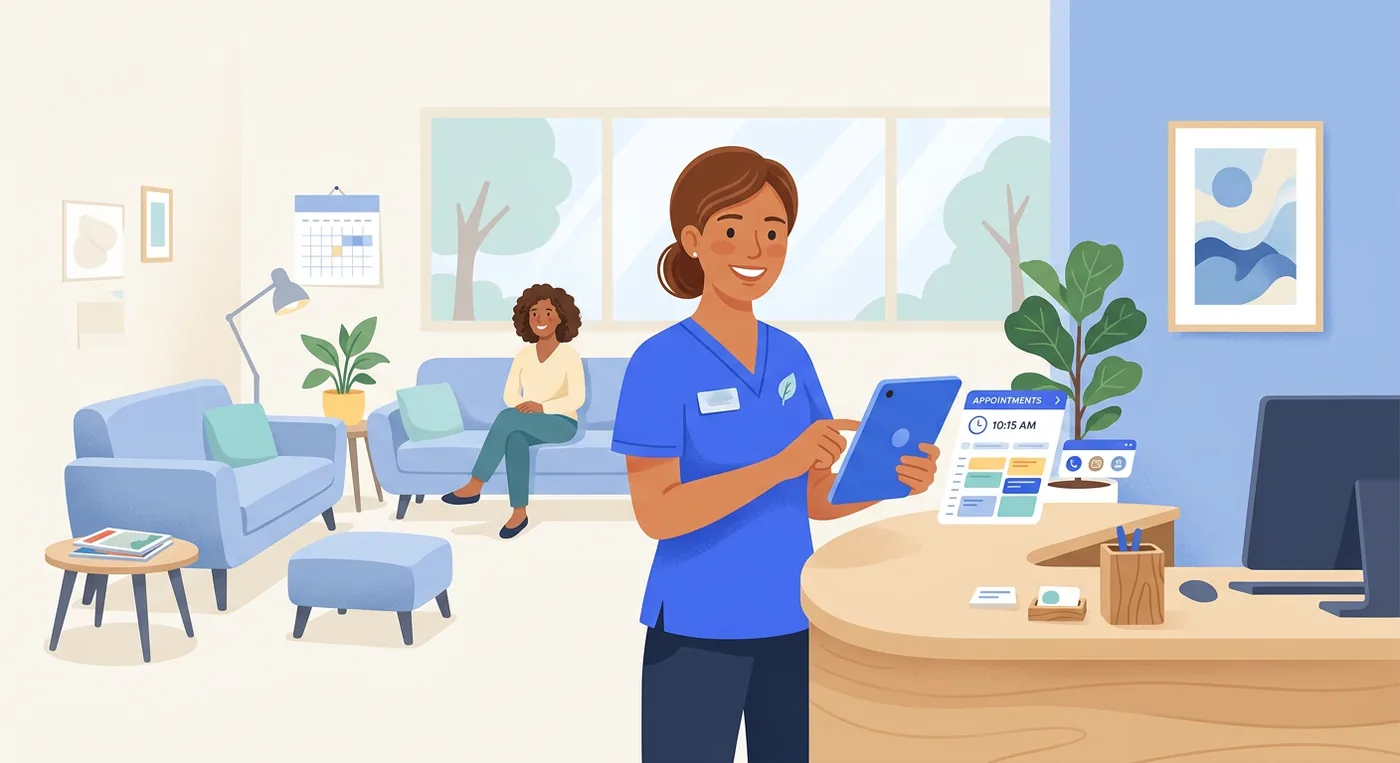 A smiling therapist in a uniform uses a tablet for appointment scheduling in a calm clinic setting.