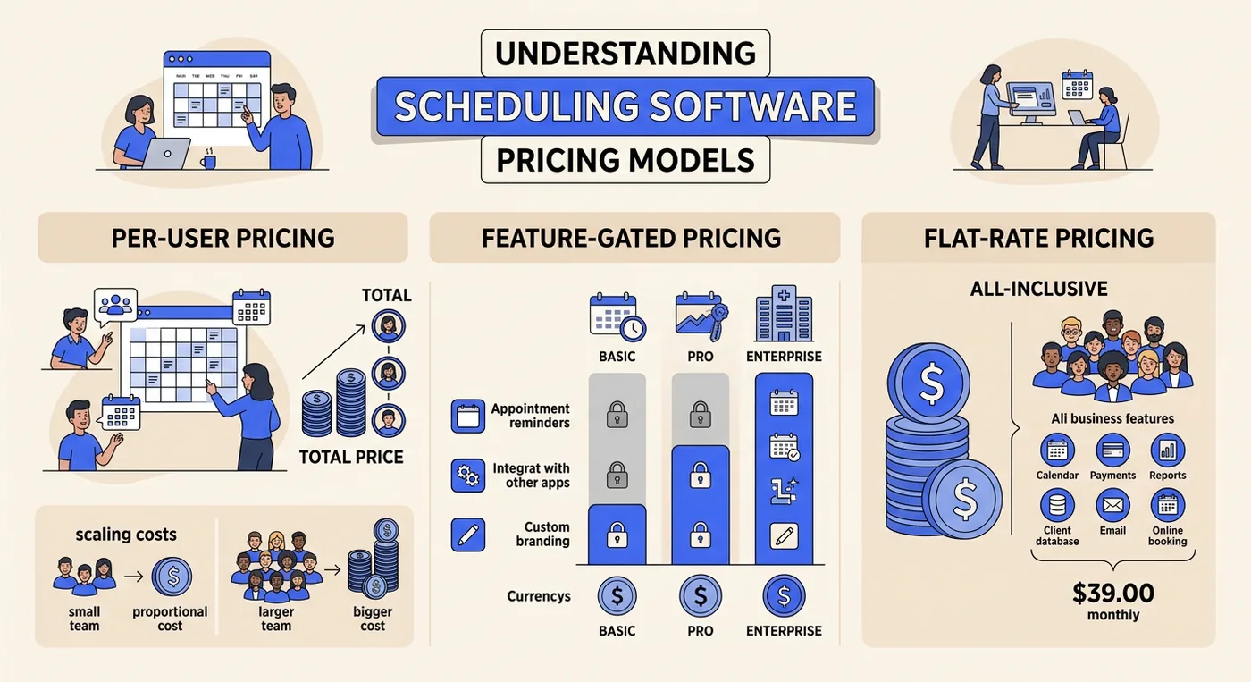An infographic titled Understanding Scheduling Software Pricing Models comparing per-user, feature-gated, and flat-rate pricing structures.