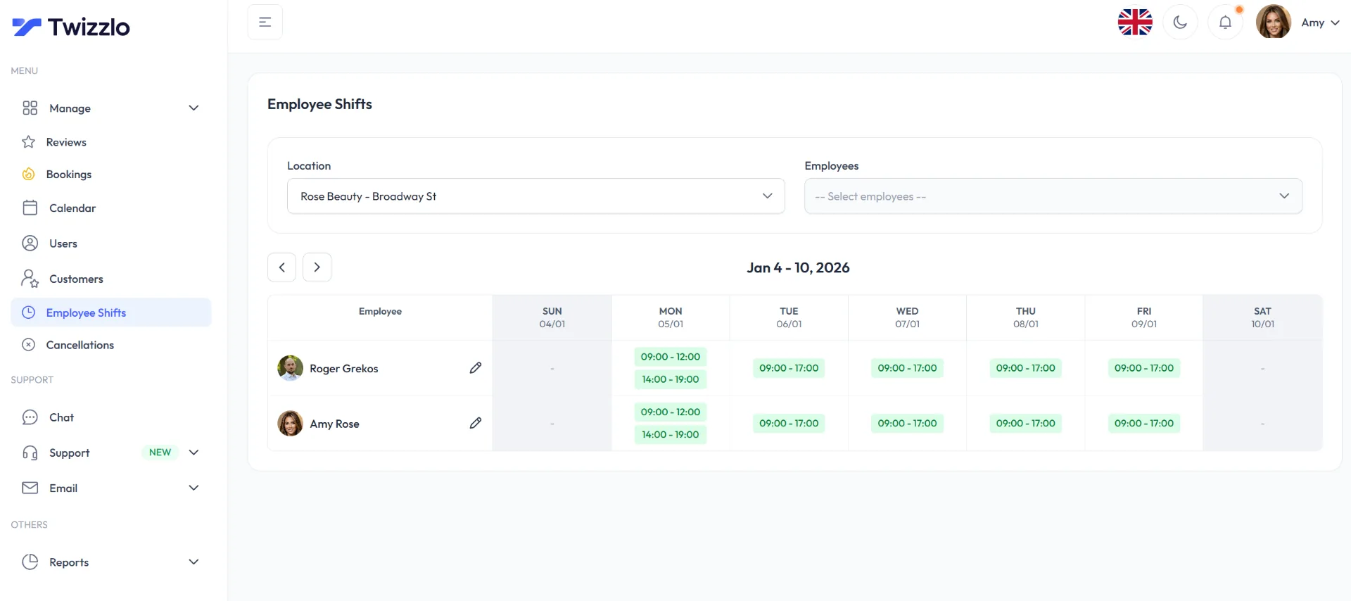 Twizzlo staff management dashboard showing multi-location employee shift scheduling across a weekly calendar