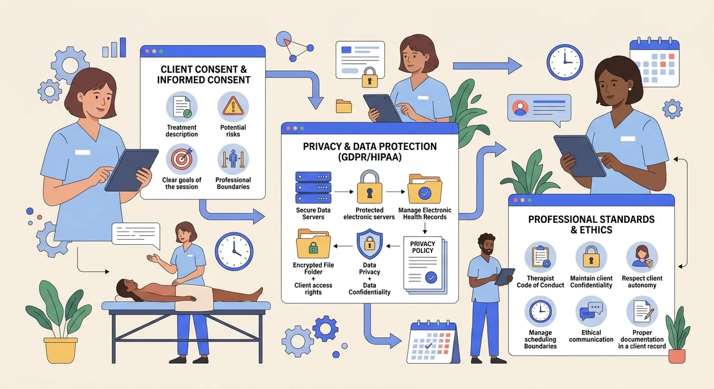 An infographic detailing the legal and privacy rules for massage therapy consent forms and professional standards.
