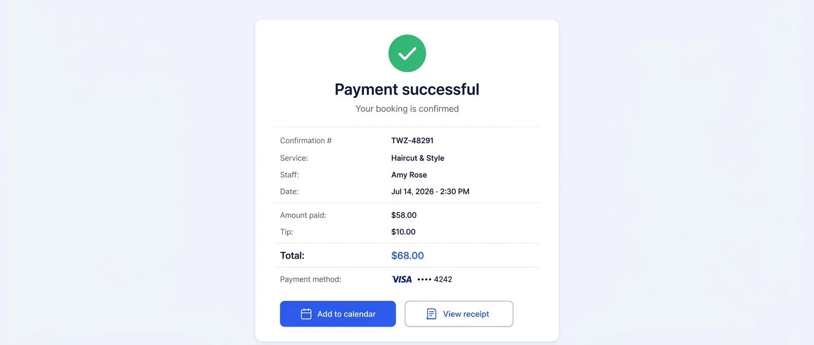 Twizzlo payment confirmation screen showing a successful Stripe booking payment with confirmation number, service details, tip and receipt