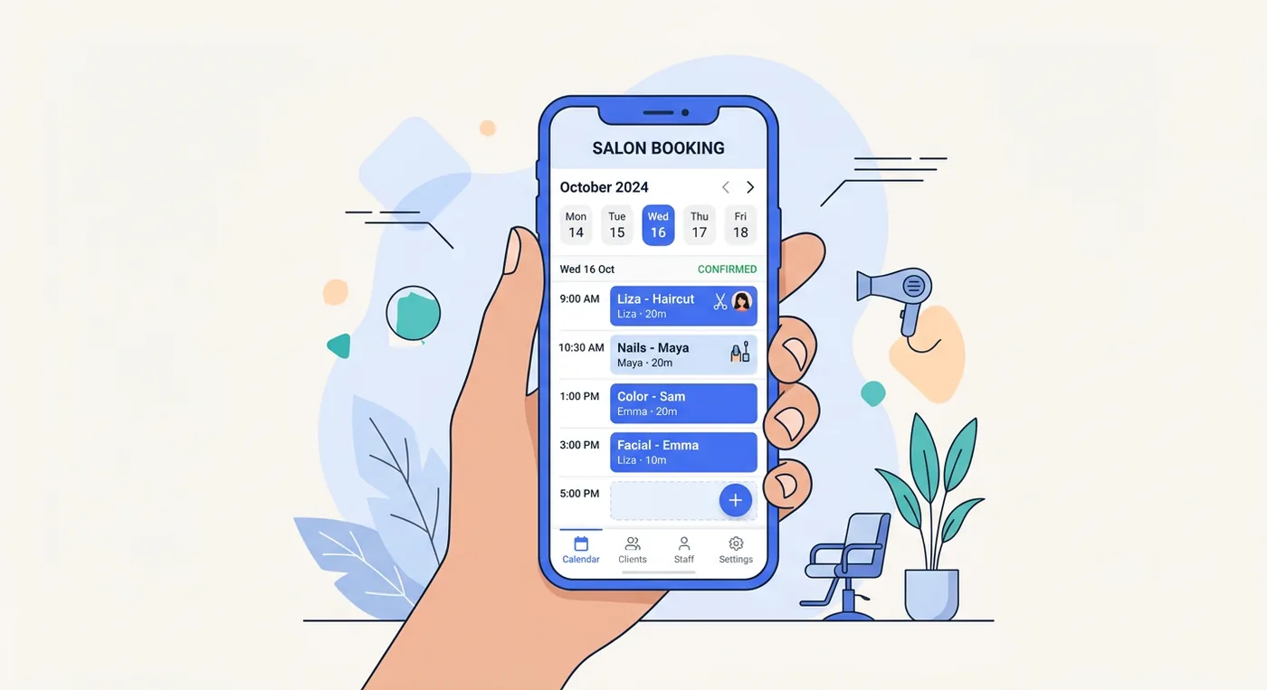 A hand holding a smartphone displaying a salon booking app interface with a calendar view.