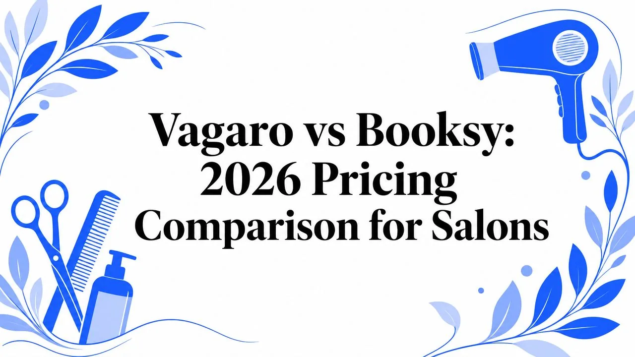 Editorial banner comparing Vagaro and Booksy pricing for salons, with blue salon-tool illustrations on a white background.