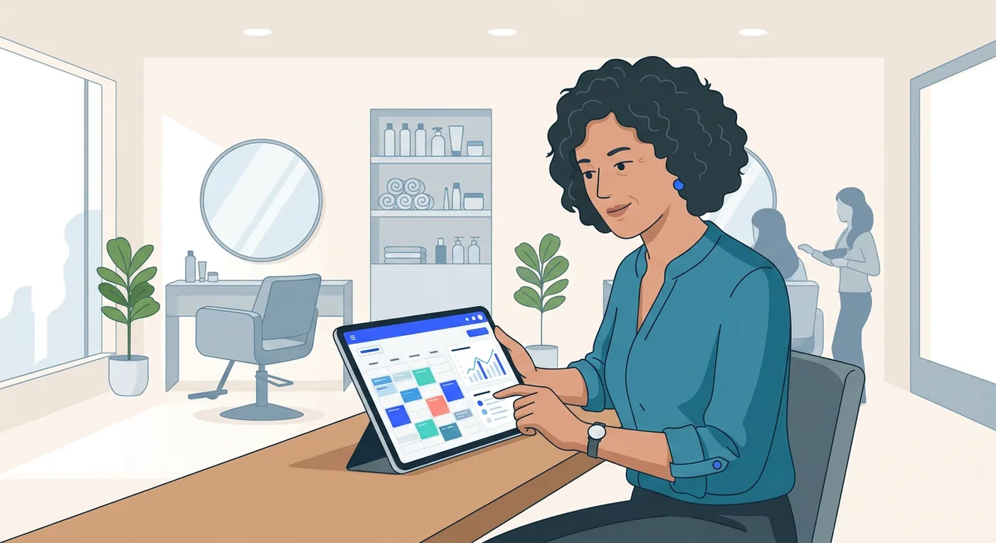 A focused salon owner reviewing business analytics and appointment scheduling software on a tablet in her salon.