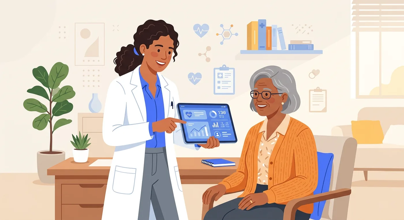 A friendly female doctor explains medical data on a tablet to an older patient.