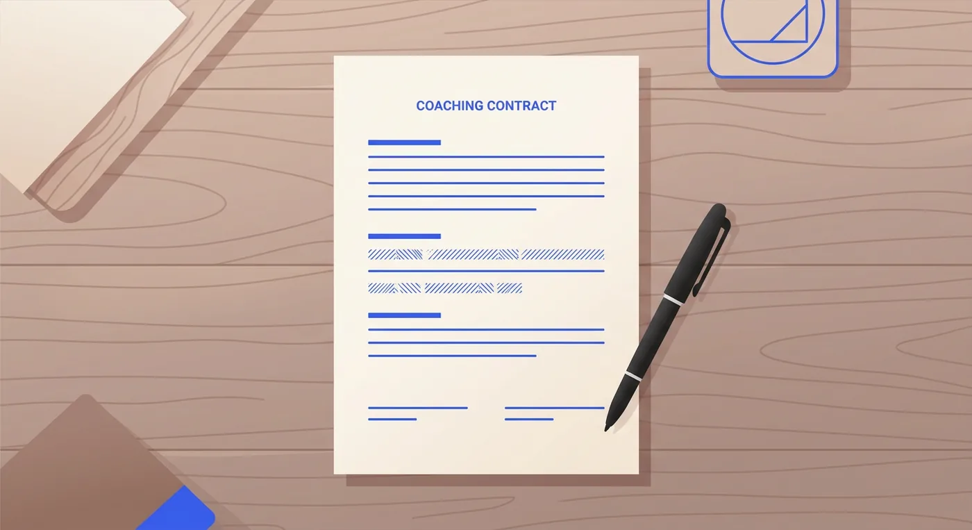 A professional coaching contract template document sits on a wooden desk with a black ink pen.