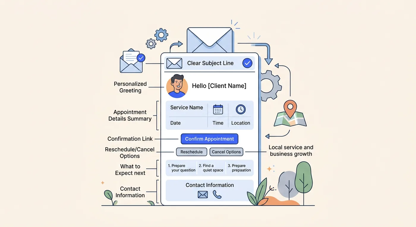 A diagram outlining the essential elements of a high-performing confirmation email for successful customer bookings.