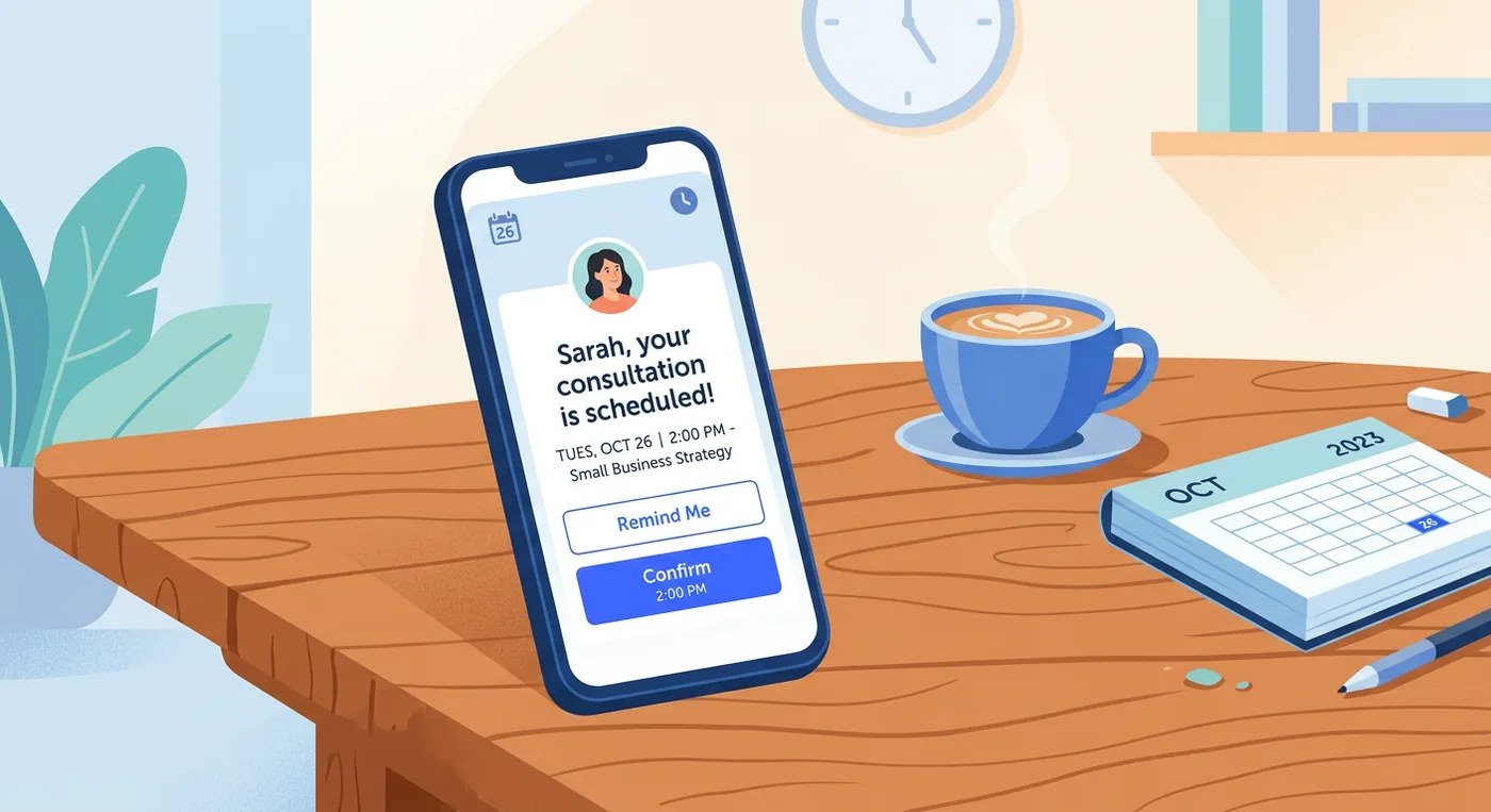 Smartphone displays an appointment reminder text message with a calendar and coffee on a wooden table.
