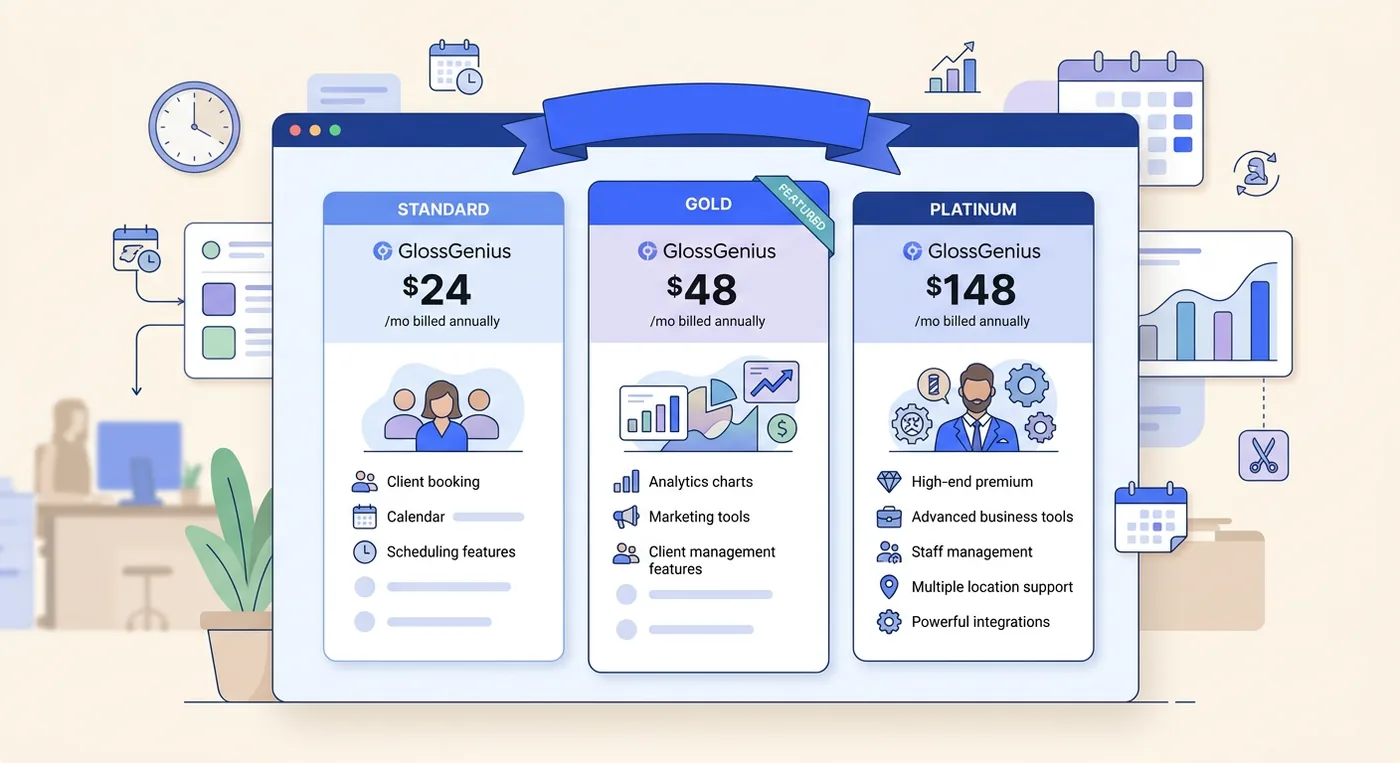 GlossGenius vs Vagaro pricing: GlossGenius plan prices, Standard $24, Gold $48, Platinum $148 per month billed annually (2026).