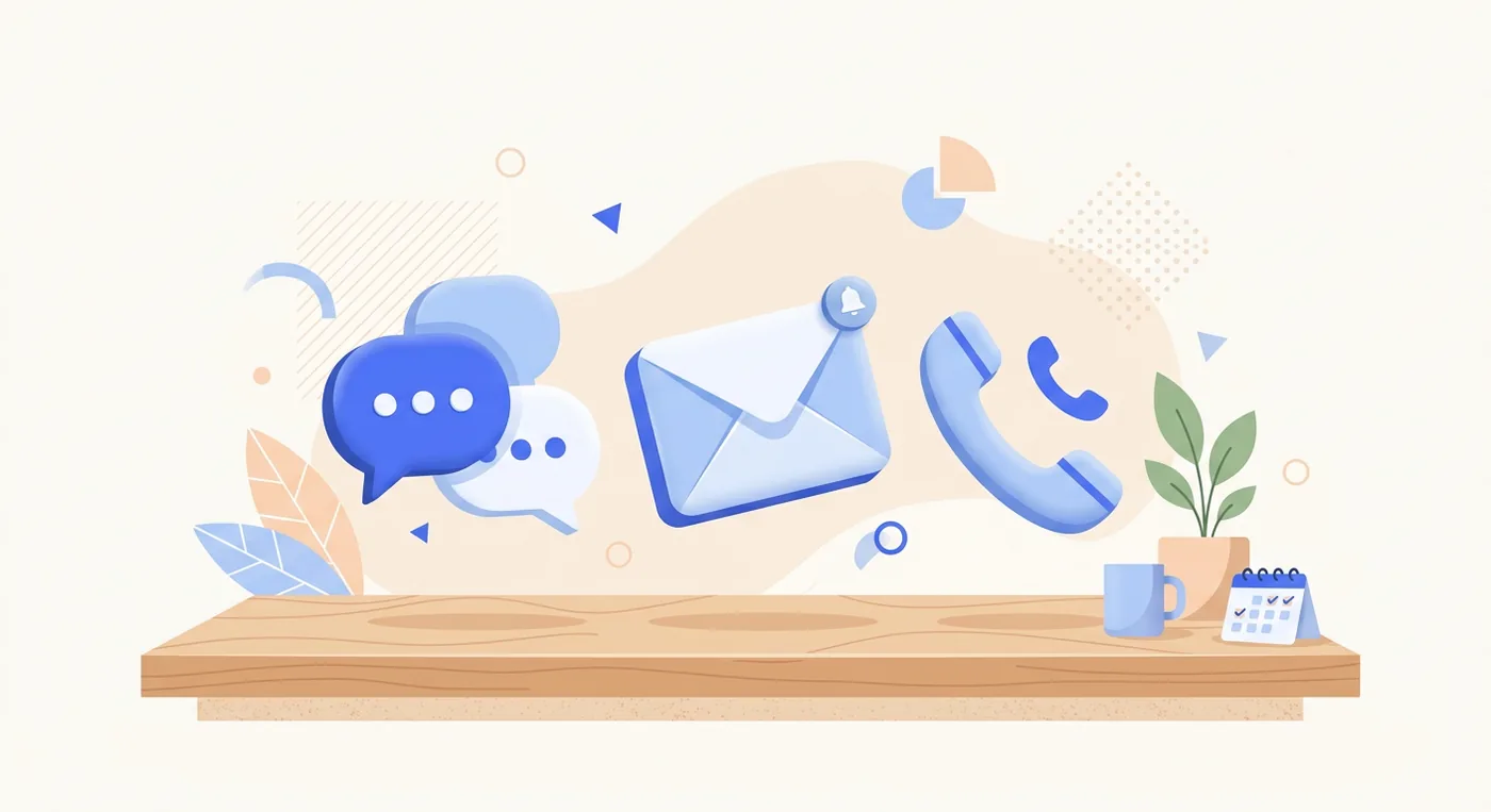 3D icons of chat bubbles, email envelope, and phone call, representing various communication methods.