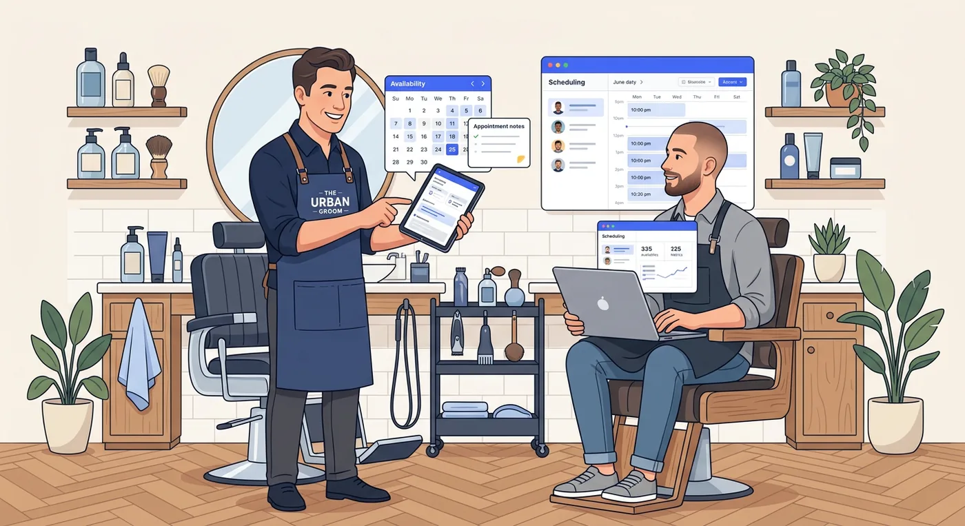 Two men in a barbershop discuss client management on a tablet and laptop.