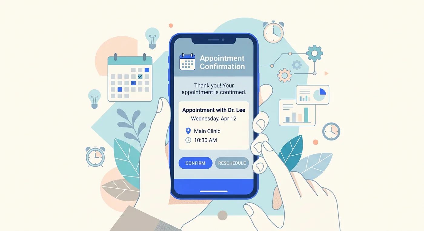 Smartphone displays an appointment confirmation screen, showing Dr. Lee's appointment on Apr 12 with confirm and reschedule options.