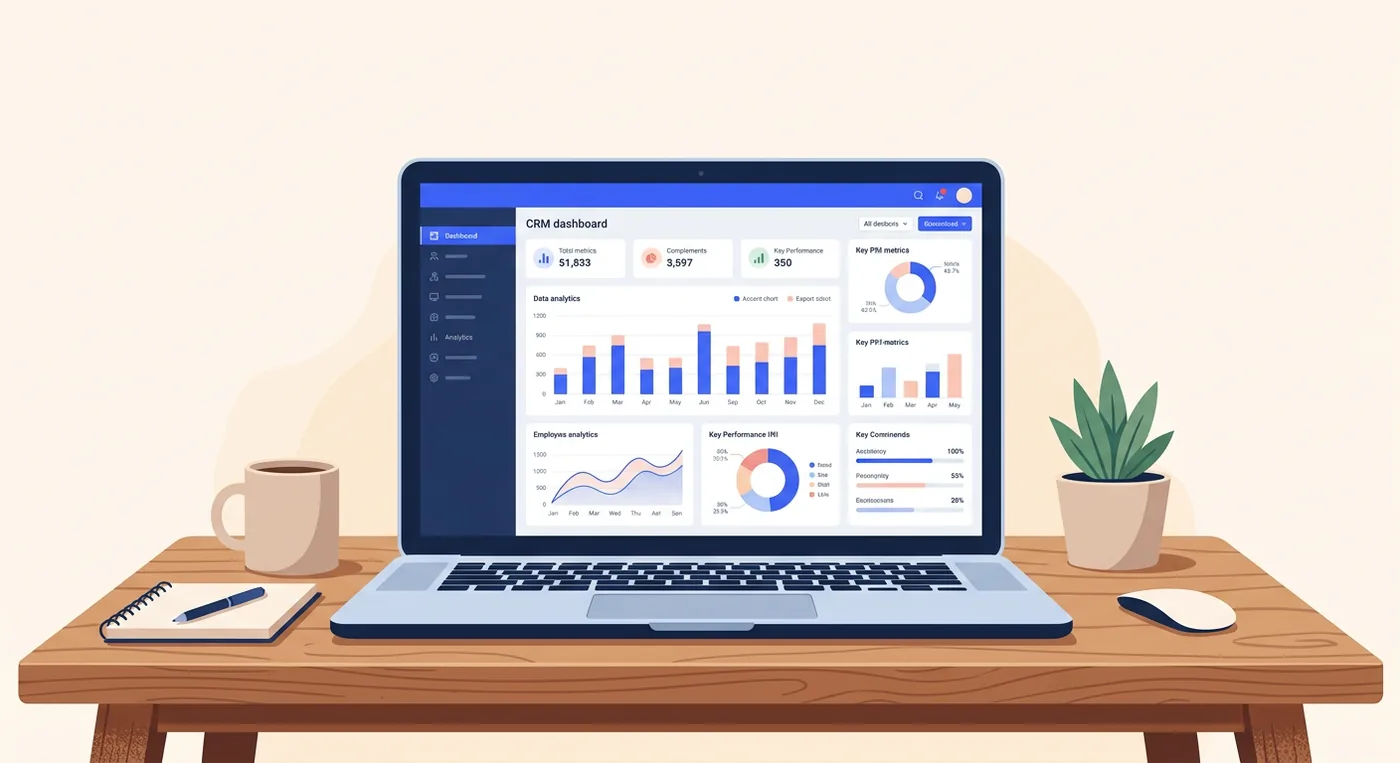 A modern laptop displaying a CRM dashboard with data visualizations and analytics, sitting on a wooden desk.