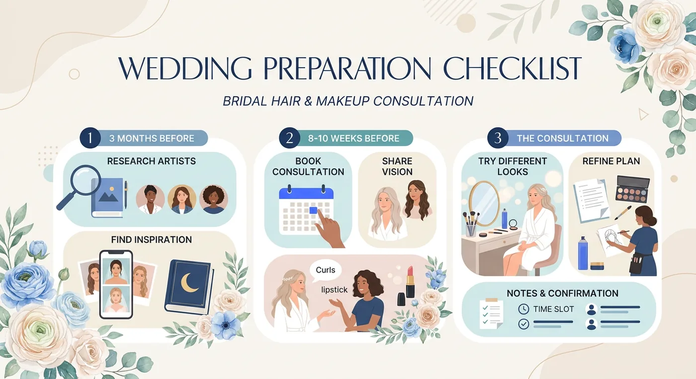 A wedding preparation checklist for a bridal hair and makeup consultation featuring icons and floral illustrations.
