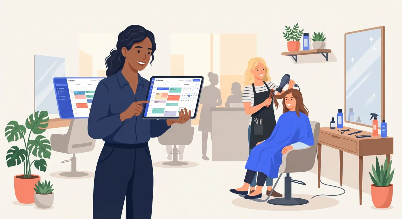 Woman uses a tablet to manage a hair salon's schedule and clients, while a stylist works.