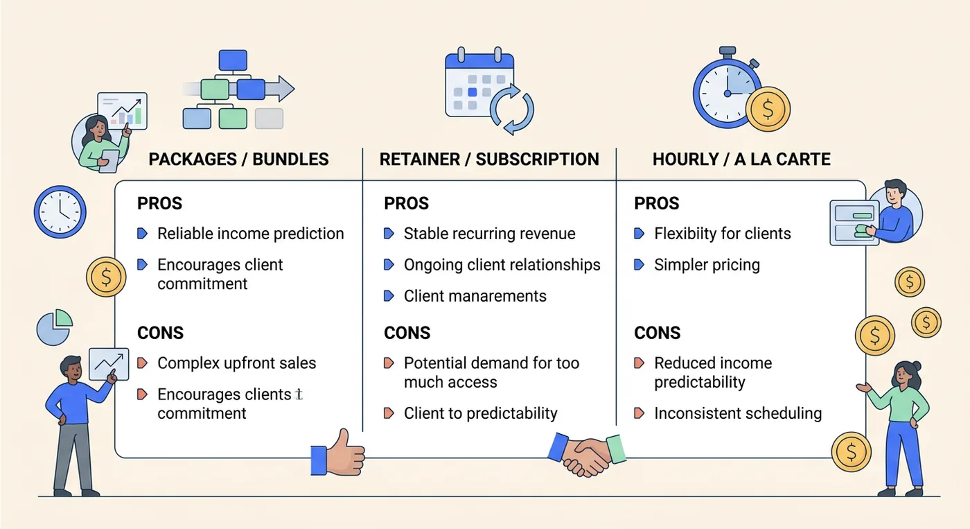A comparison chart outlining the pros and cons of three common coaching payment structures for business owners.