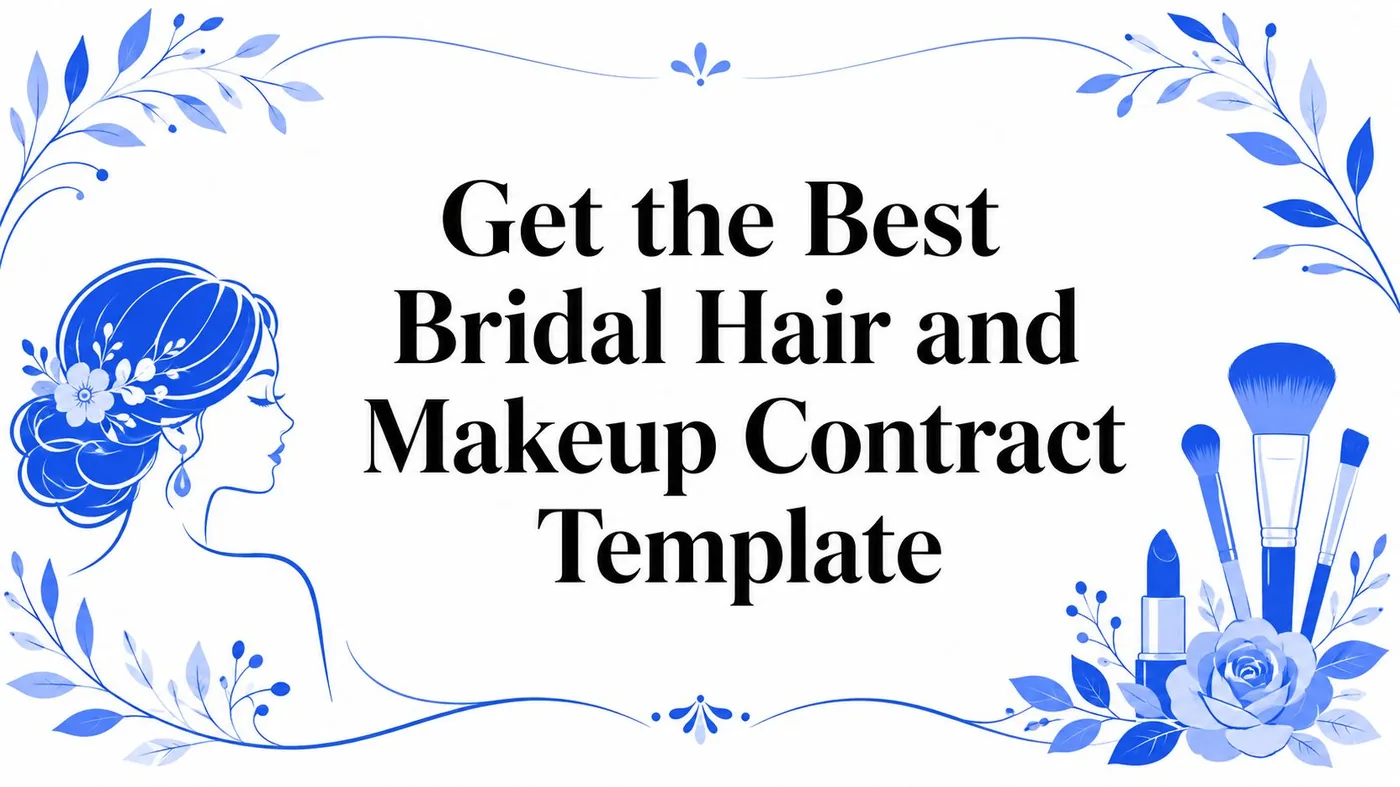 Blue floral banner with a bridal hair silhouette on the left, makeup brushes on the right, and the title 'Get the Best Bridal Hair and Makeup Contract Template' in the center.