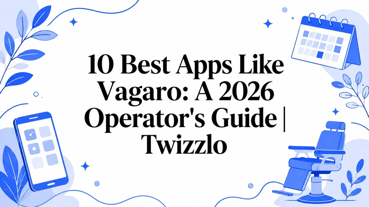 Blue-toned banner illustration with phone, calendar, and a chair surrounding the article title: “10 Best Apps Like Vagaro: A 2026 Operator's Guide | Twizzle.”
