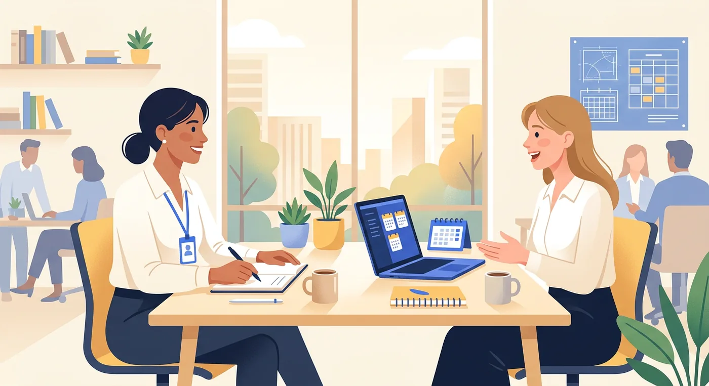 A professional woman in a white blouse interviews with a candidate at a bright office desk.