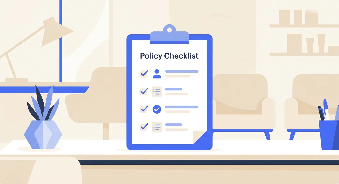 A clipboard with a 'Policy Checklist' document on a counter in a salon or office setting.