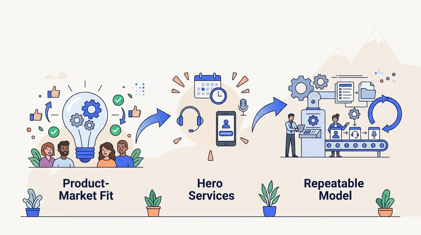 A three-step scaling foundation process showing Product-Market Fit, Hero Services, and Repeatable Model.