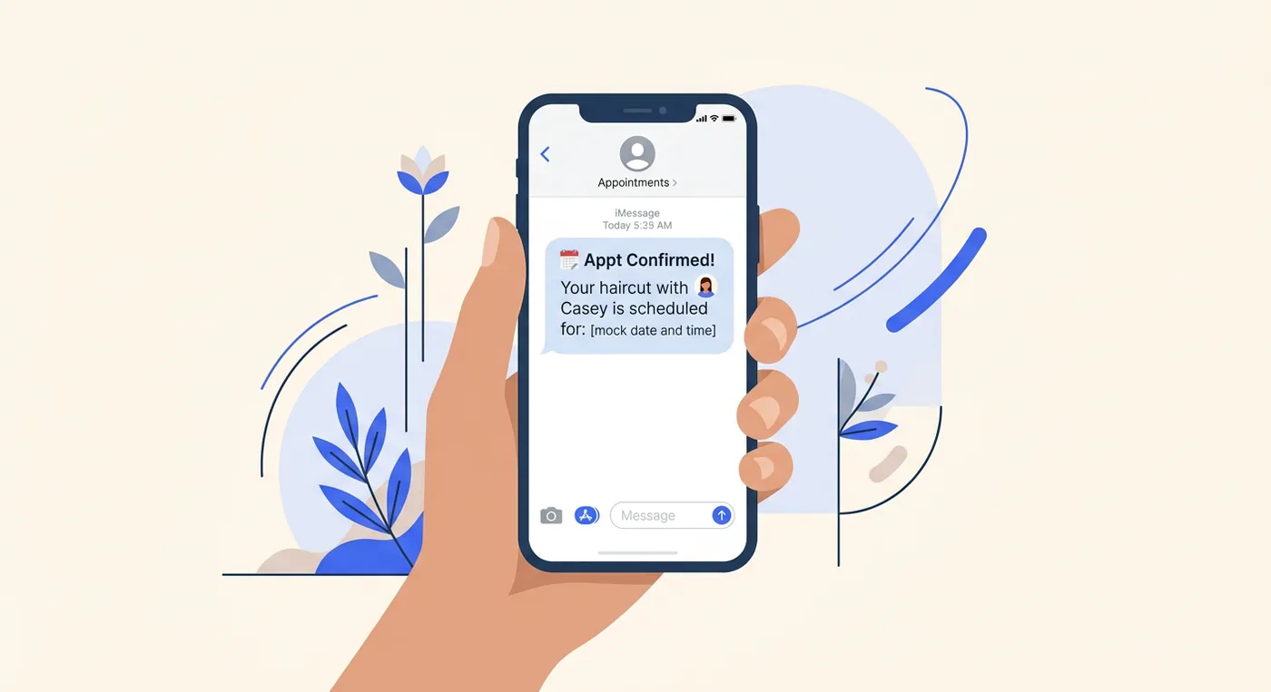 A hand holds a smartphone showing an SMS appointment confirmation for a haircut with Casey.