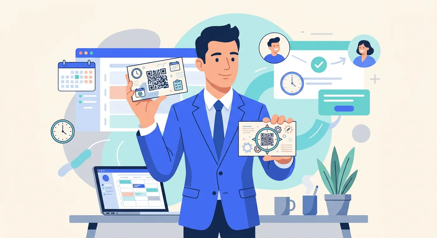 A professional man in a suit holding two business cards featuring different digital QR code designs.