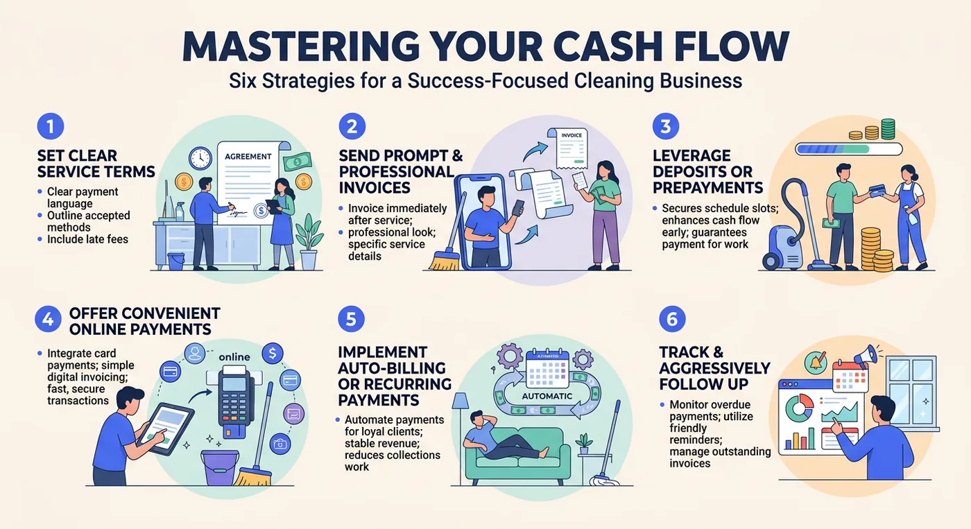 An infographic titled Mastering Your Cash Flow illustrating six strategies for managing payments in a cleaning business.