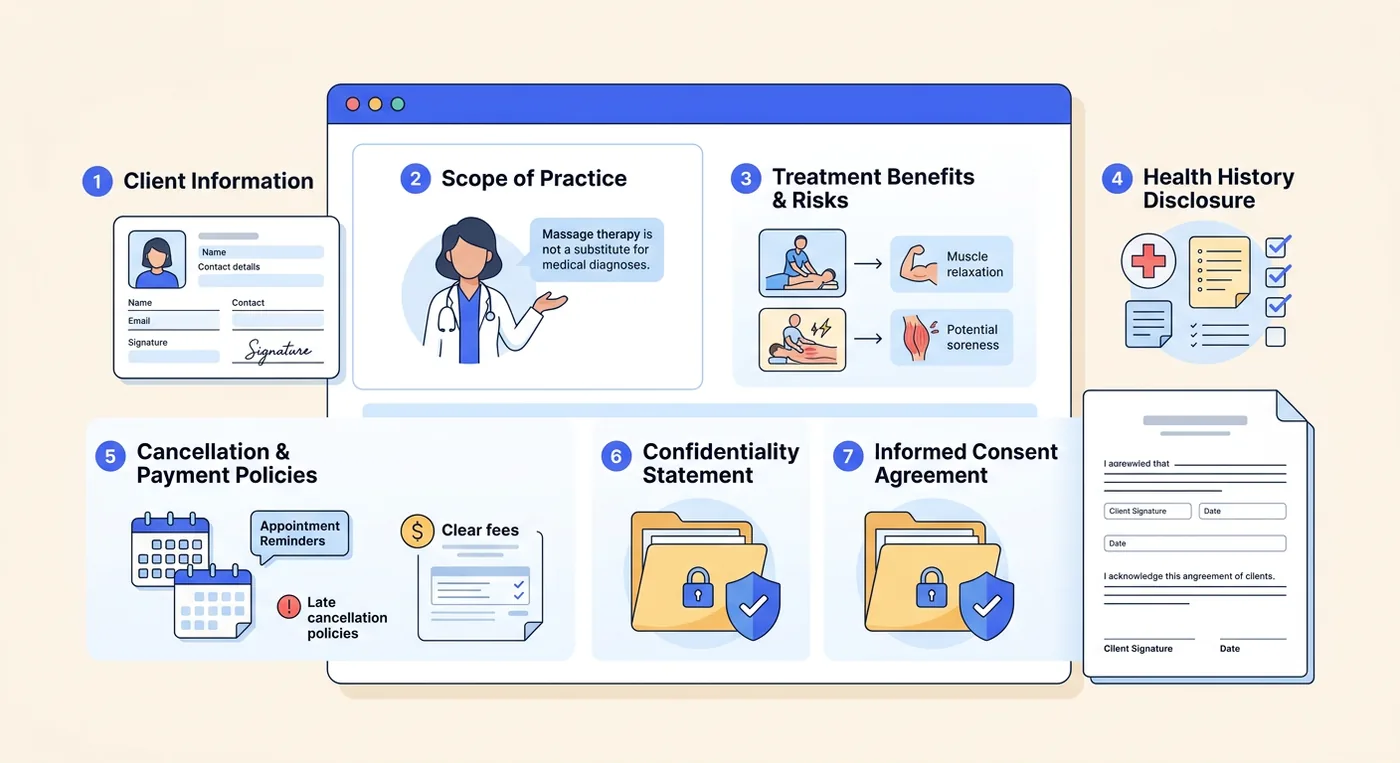 A visual guide outlining seven essential components to include in a professional massage therapy consent form template.