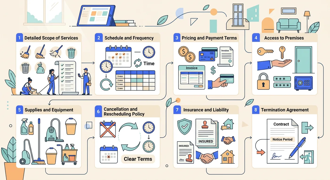 An infographic detailing the eight essential elements to include in a professional cleaning service contract agreement.