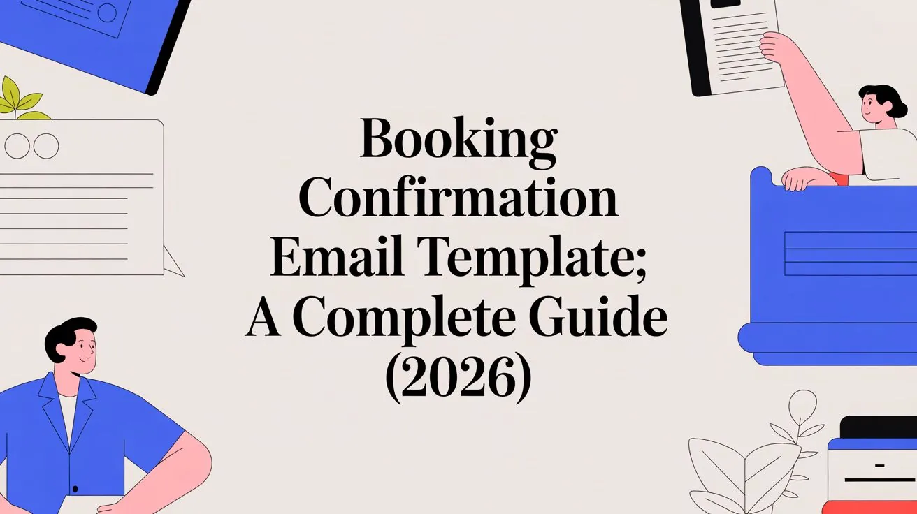 Title card for an article: 'Booking Confirmation Email Template; A Complete Guide (2026)' with beige background and abstract illustrations around edges