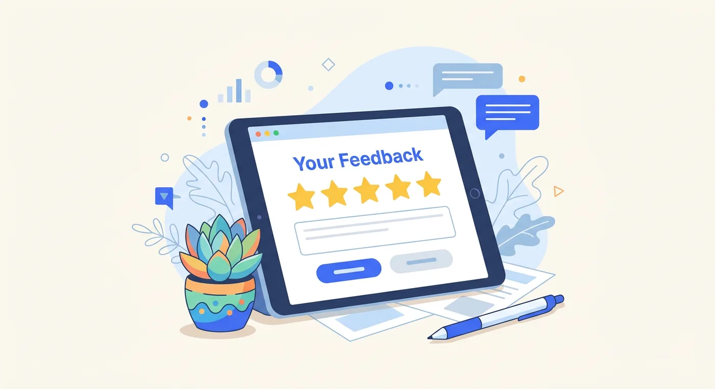 A tablet displays a feedback screen with four yellow stars, alongside a succulent plant and a pen.