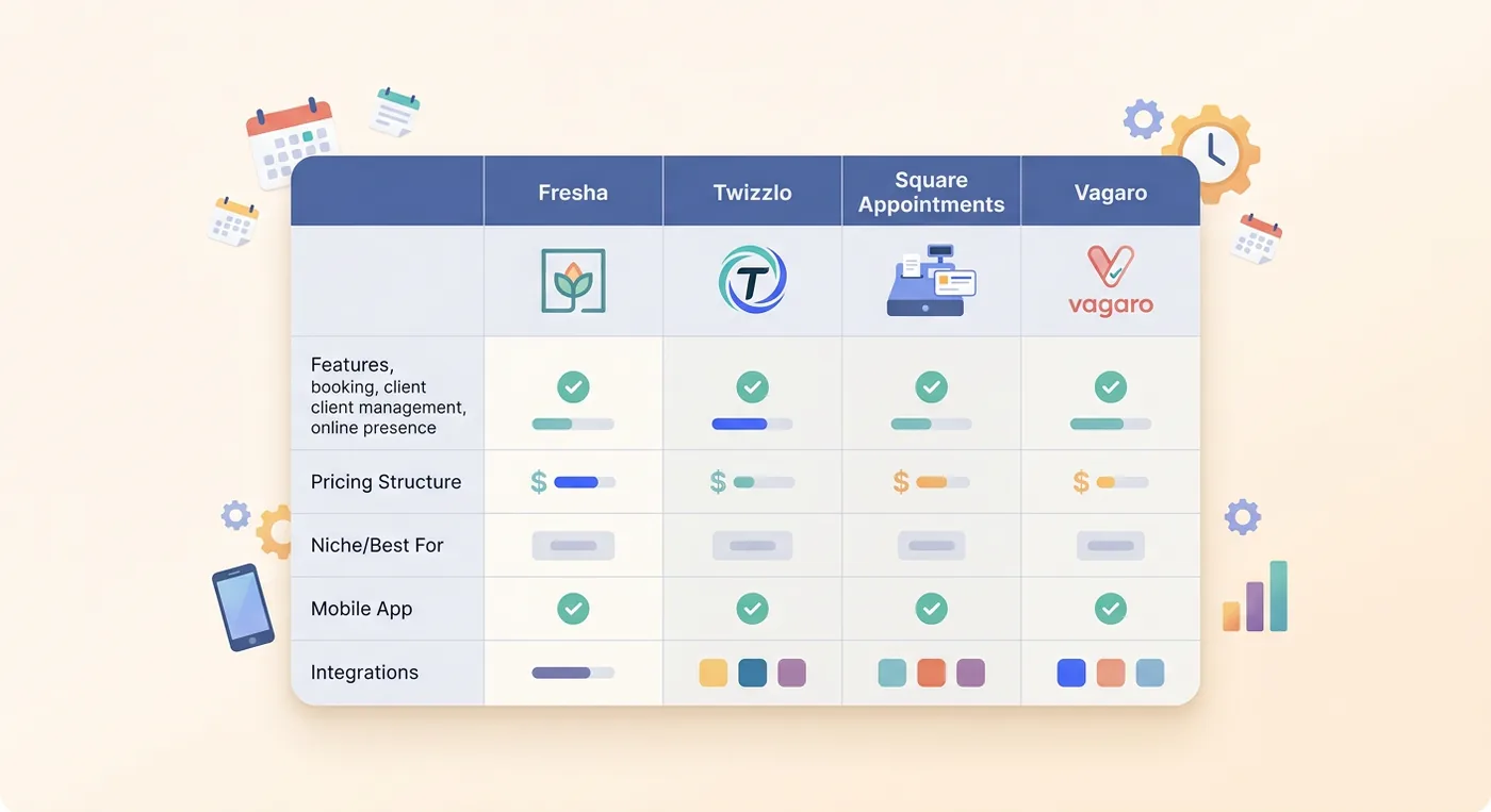 A comparison chart table of top Shedul alternatives including Fresha, Twizzlo, Square Appointments, and Vagaro software solutions.
