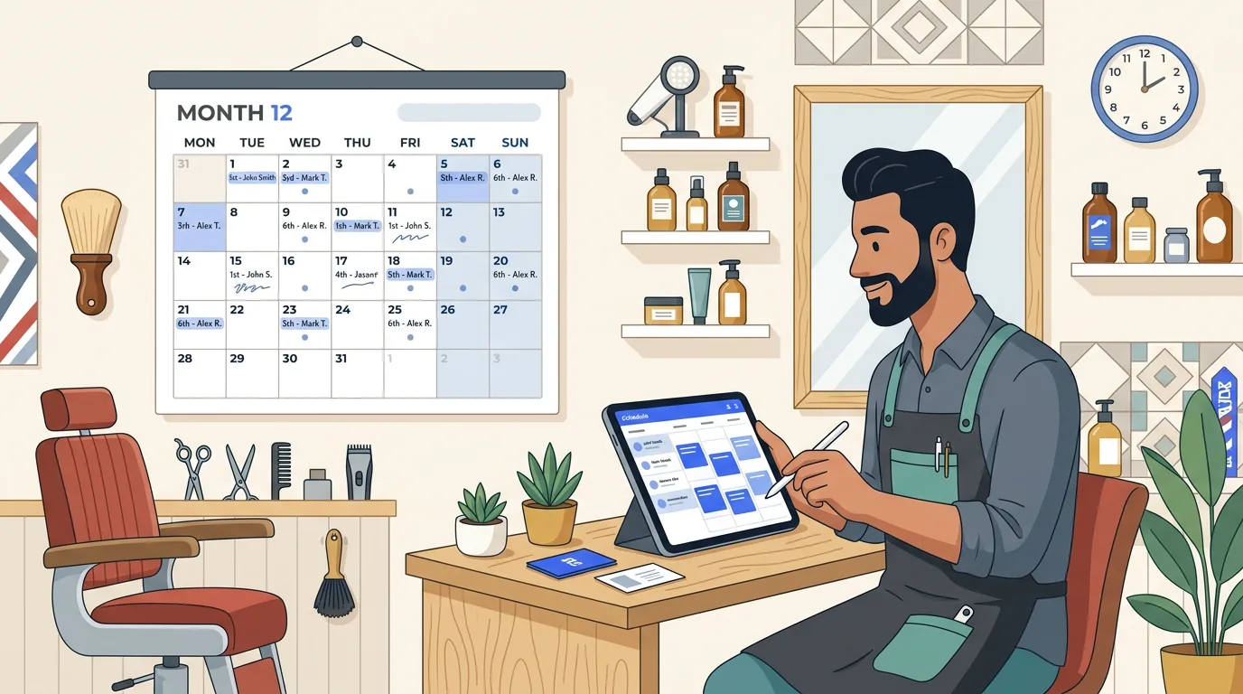 A male barber checking appointments on a tablet and a wall calendar in a barbershop.