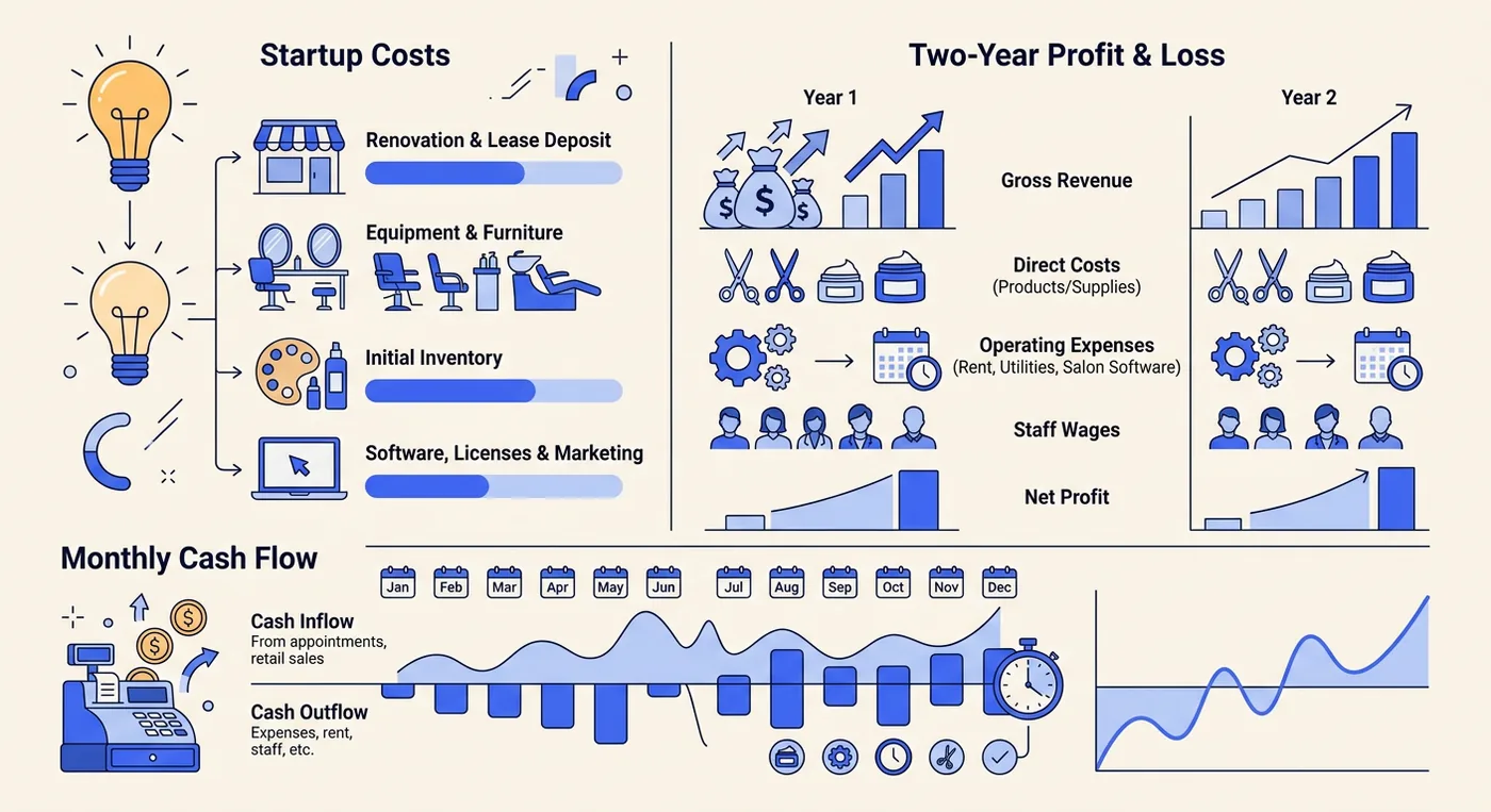 A financial projections infographic for a salon, displaying startup costs, two-year profit and loss, and monthly cash flow.