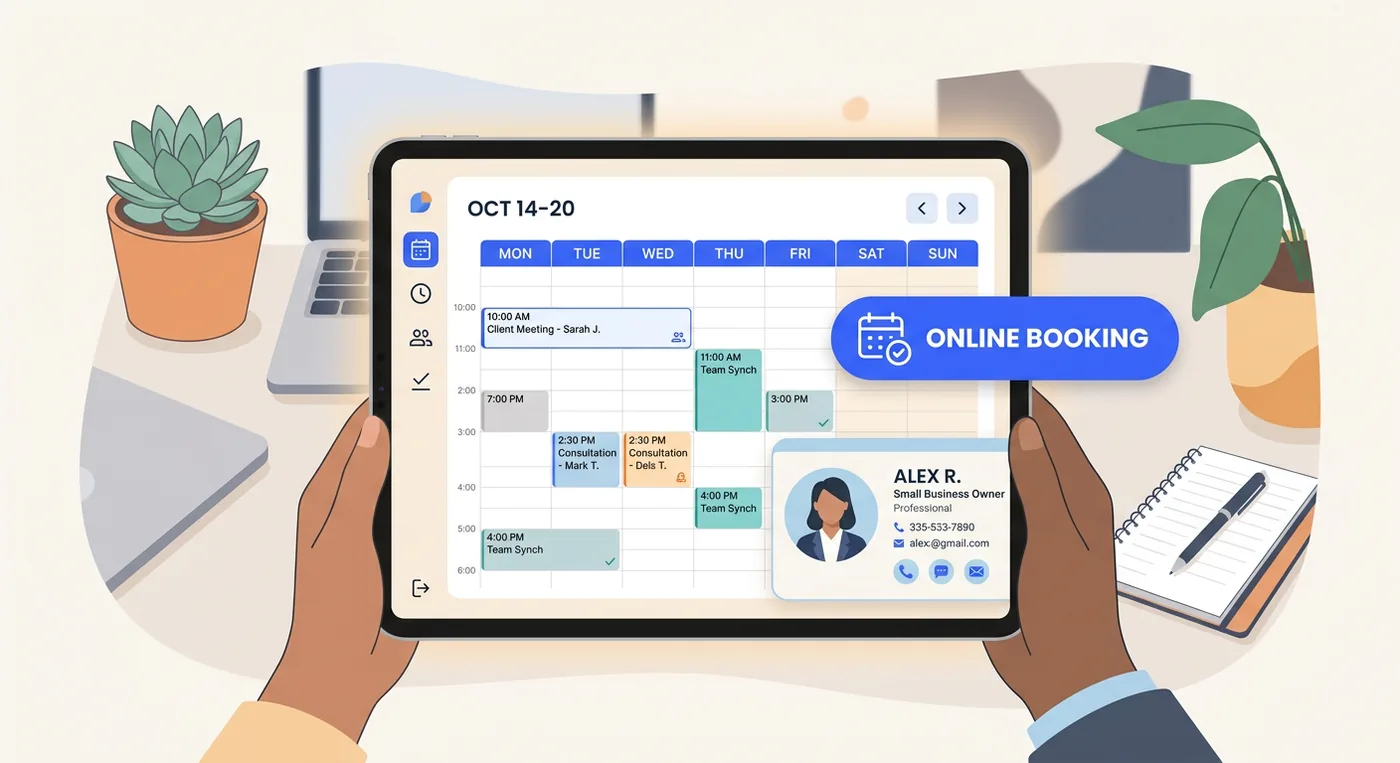 A tablet displaying a scheduling application with a calendar, online booking button, and contact card.