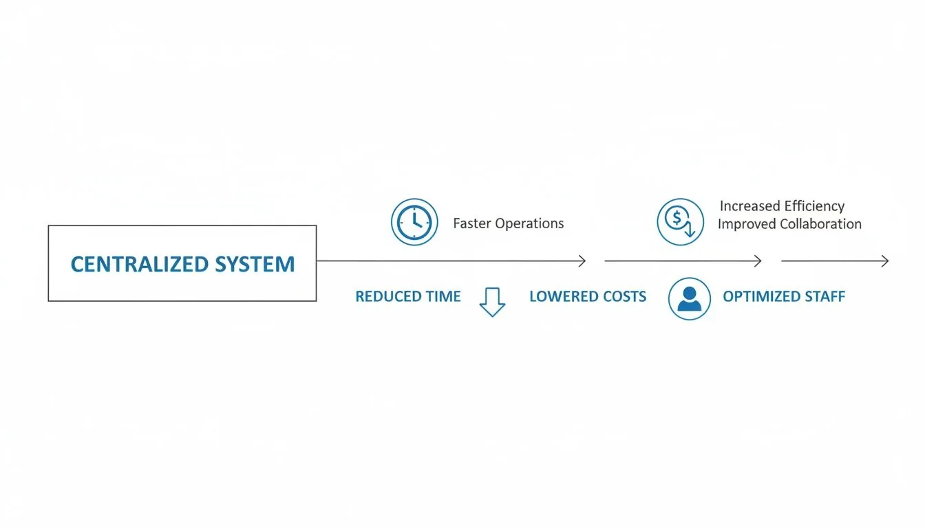 Flowchart outlining the benefits of a centralized system, including faster operations, efficiency, and optimized staff.