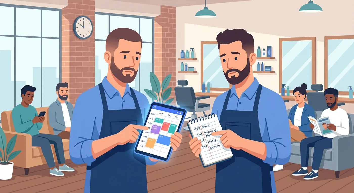 Barbers comparing schedules on a tablet and paper, while clients wait for their haircuts.