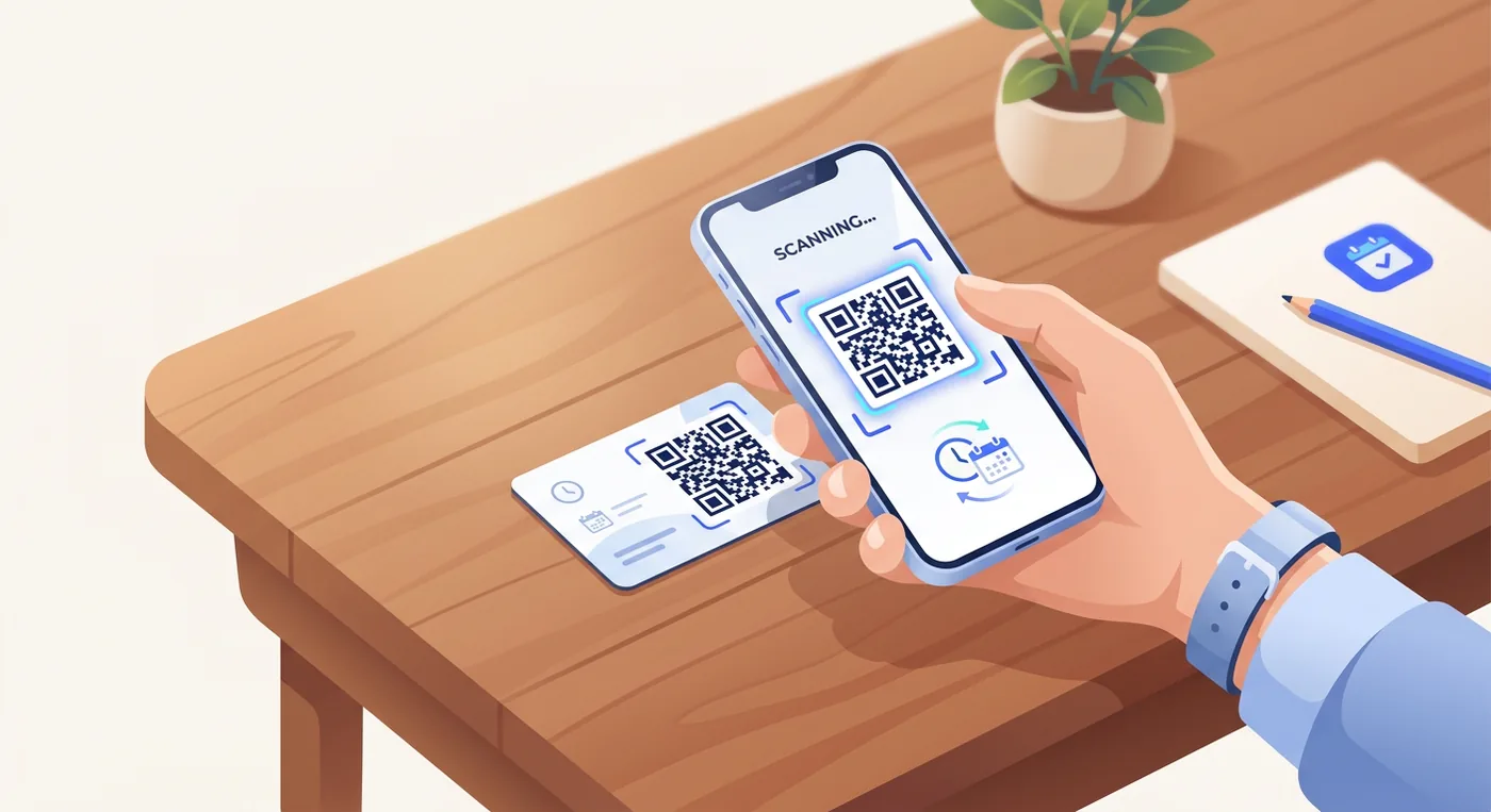 A hand holding a smartphone scanning a QR code on a business card placed on a wooden table.