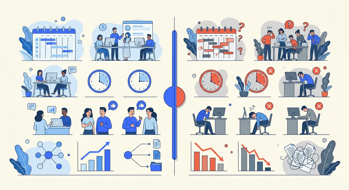 A comparison infographic showing pros and cons of business operations and staffing management strategies.