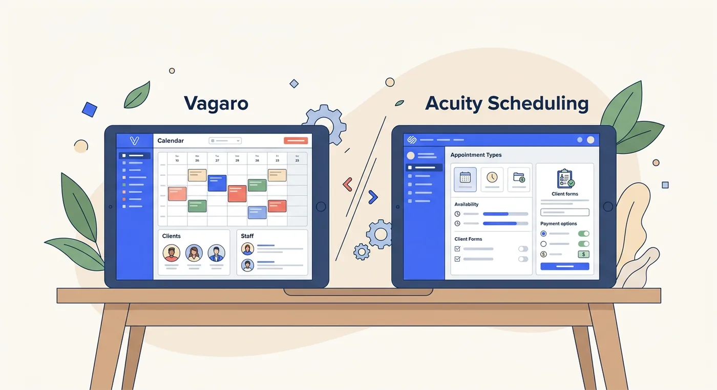 Comparison of Vagaro and Acuity Scheduling software interfaces displayed on two side by side tablets.