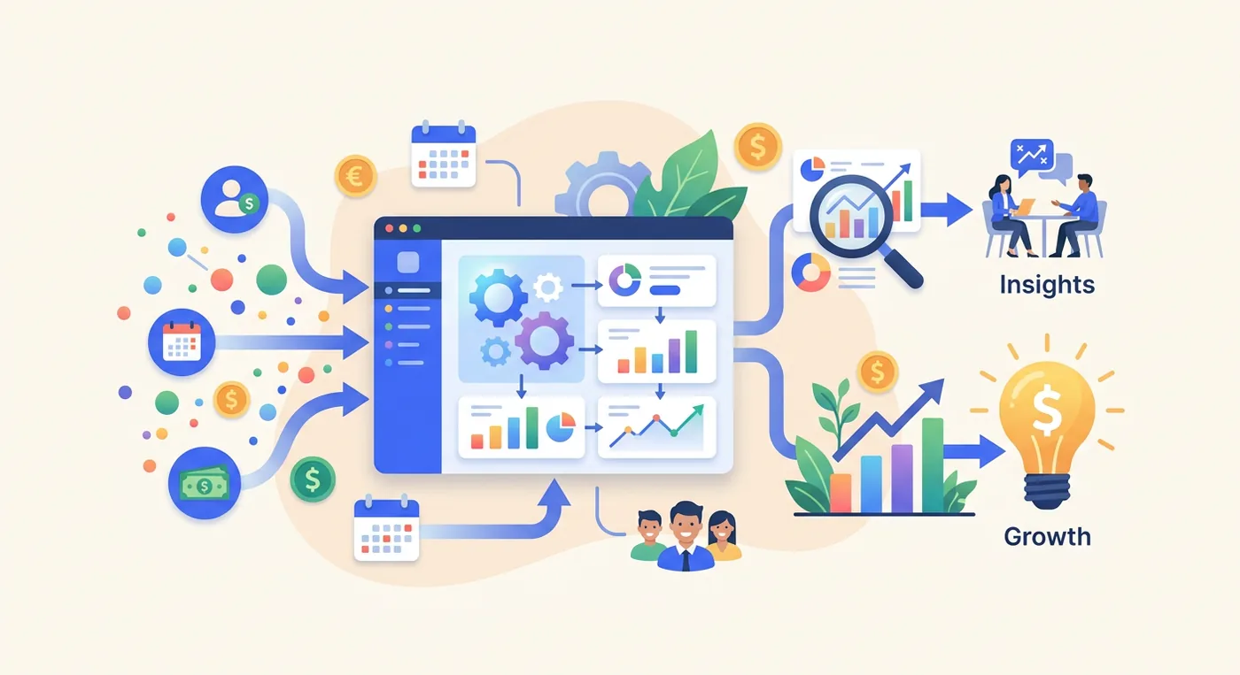 Sales Reports Software diagram illustrating how sales data drives insights, growth, and is powered by software.