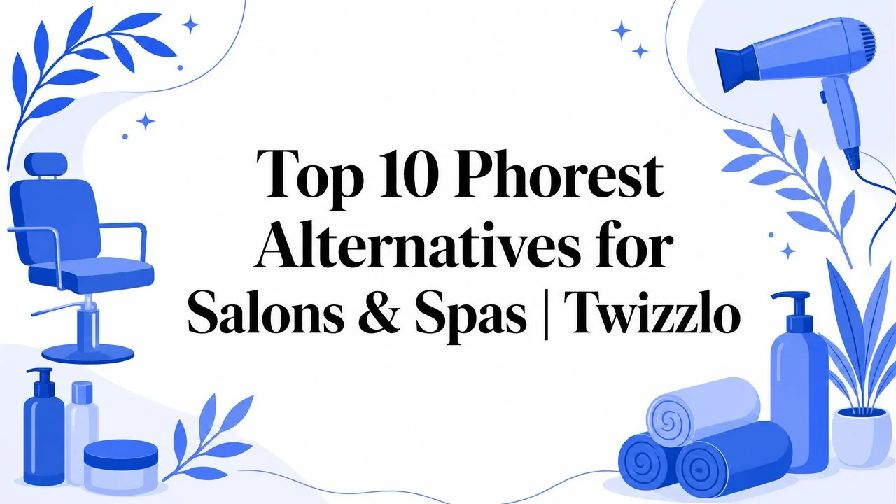 Banner announcing Top 10 Phorest alternatives for salons and spas, with Twizzlo branding and blue hair-salon illustrations.