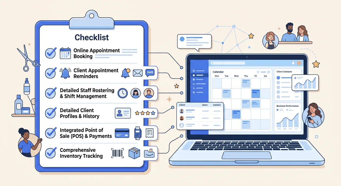 A checklist of essential features for modern salon management software displayed next to a laptop interface.