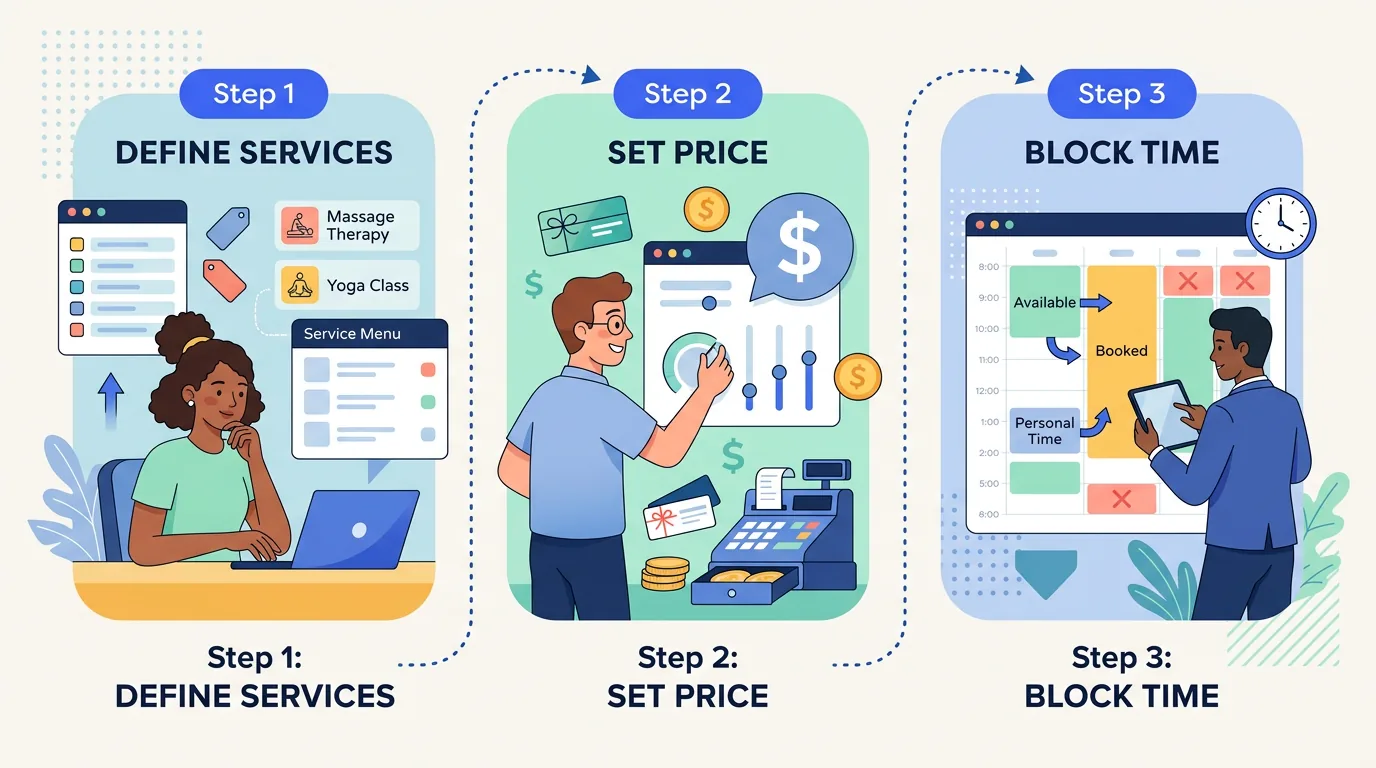 A three-step infographic outlining the online booking setup process: define services, set price, and block time.