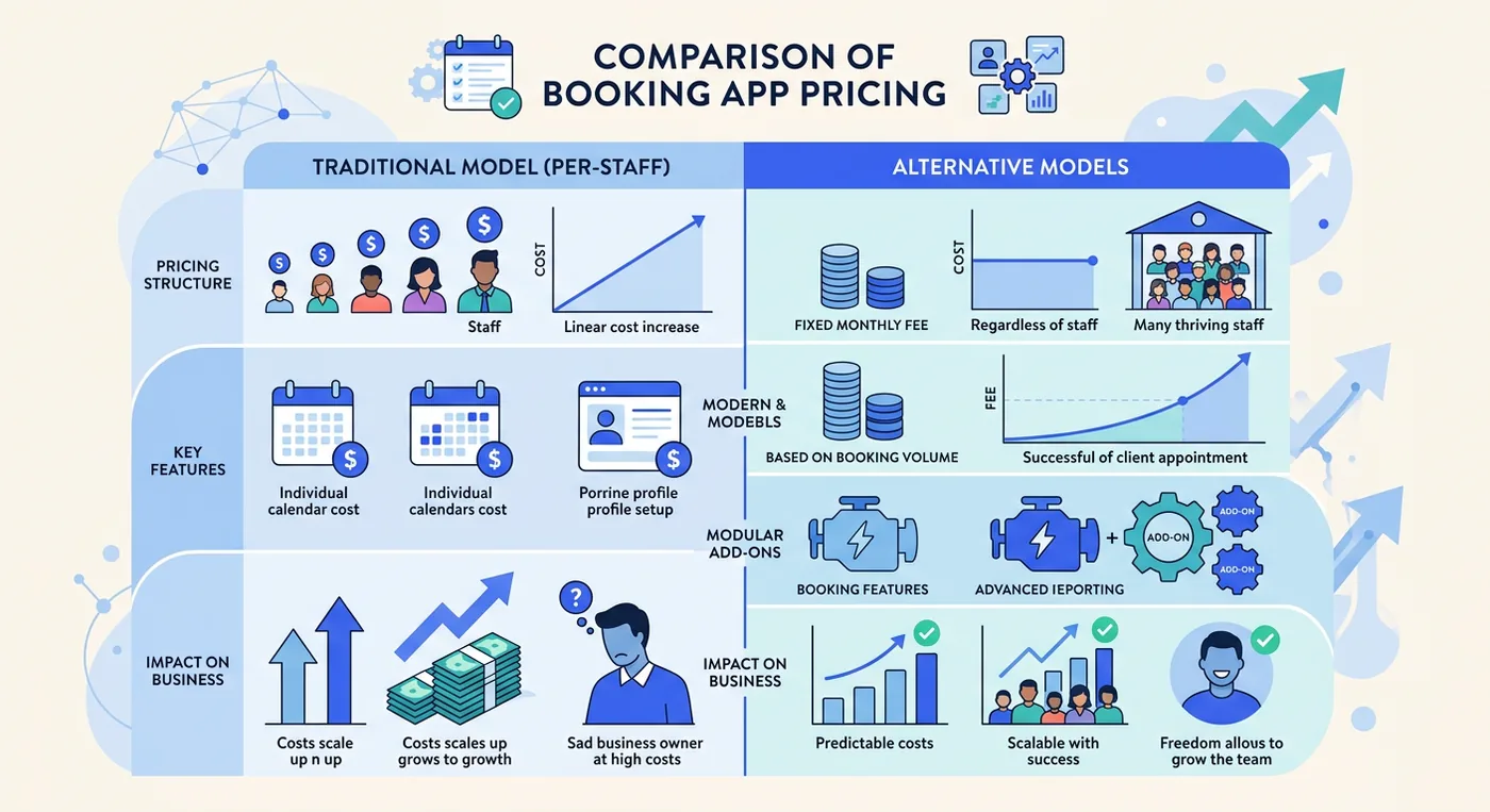 A comparison chart explaining the pricing models of booking apps, contrasting traditional per-staff fees with alternative models.