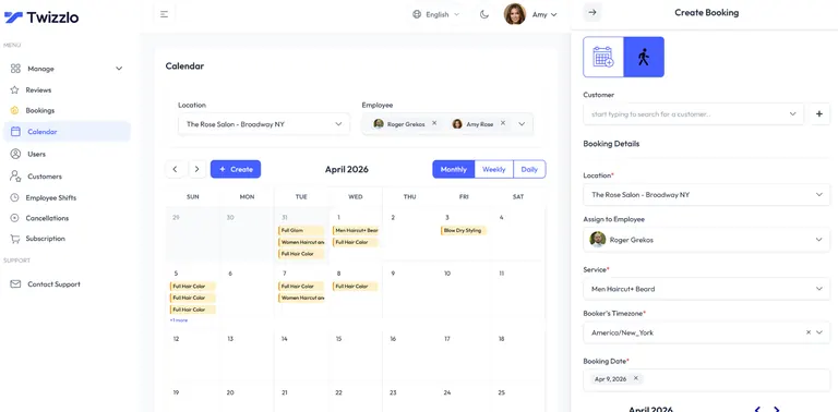 Twizzlo calendar screenshot with the create-booking panel