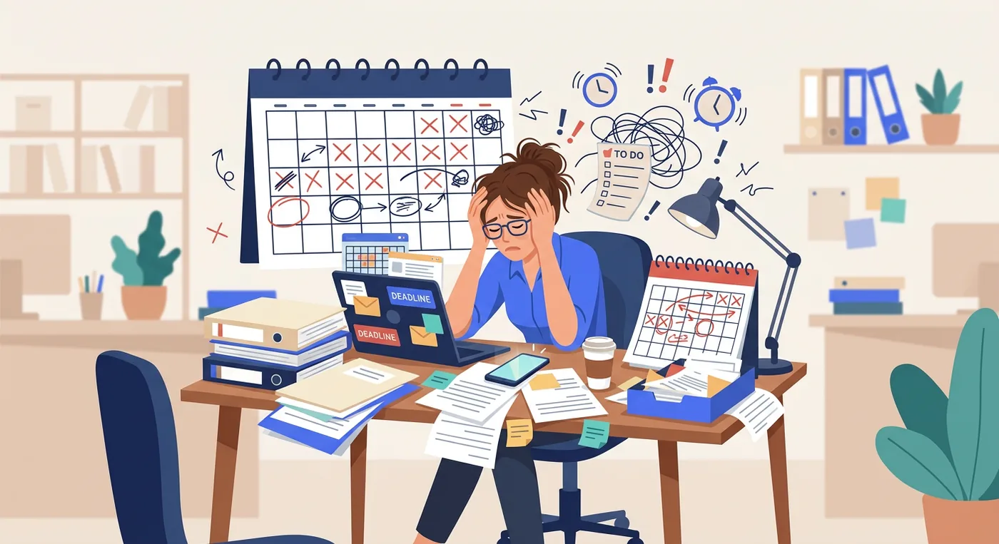 A stressed woman sitting at her desk, feeling overwhelmed by her busy work schedule and deadlines.