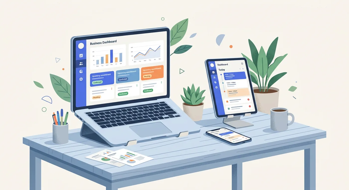 A clean desk setup featuring a monitor, tablet, and smartphone displaying a modern business dashboard app.