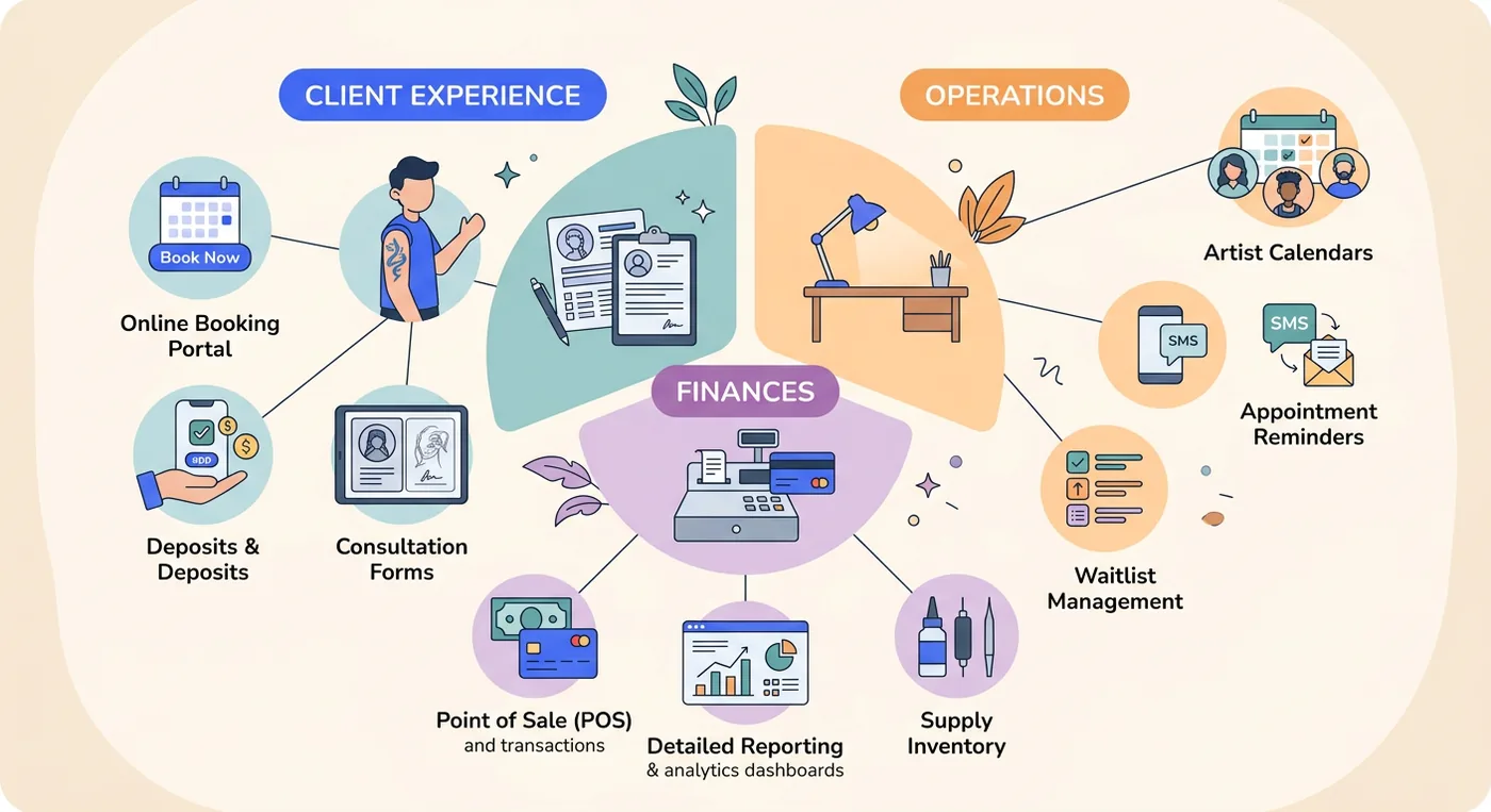 A diagram illustrating essential software features for managing a tattoo studio, including client experience, operations, and finances.